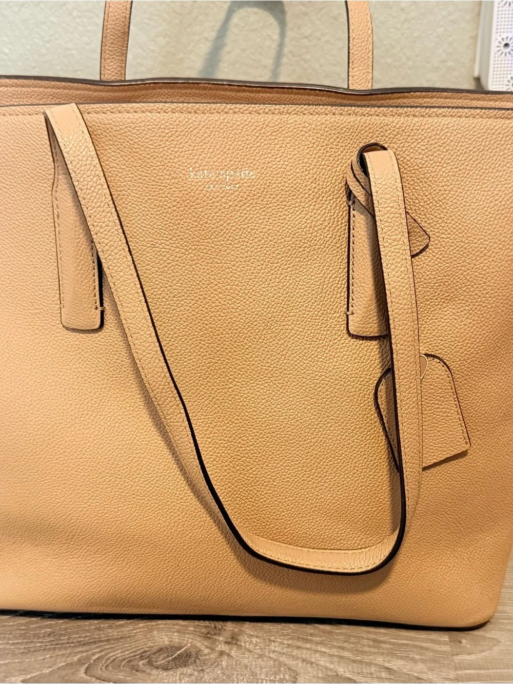 kate spade tan leather tote with pink dust bag and floral card